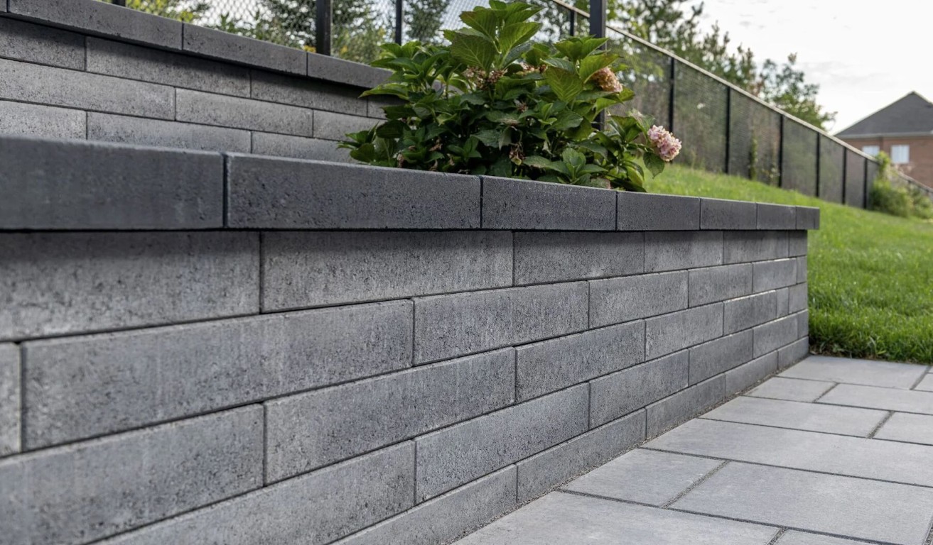 Close-up of decorative concrete retaining wall with gray blocks and dark cap stones